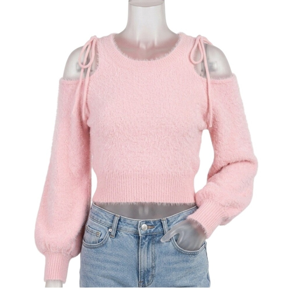 CRYX Pink Fuzzy Knit Sweater Tie Shoulder Crop Balletcore Coquette Soft Girl Y2K